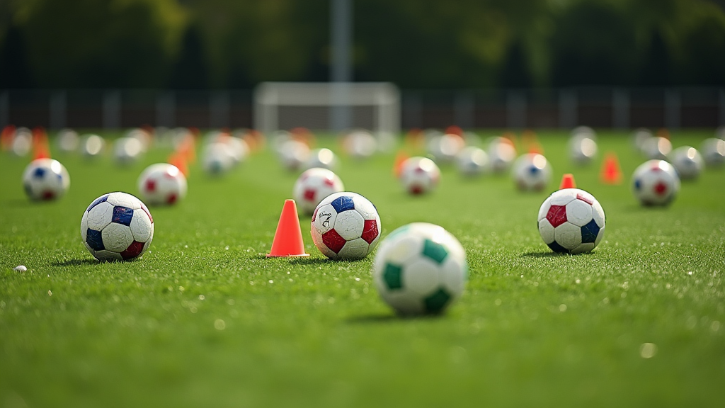 Soccer drill setup with training cones and soccer balls