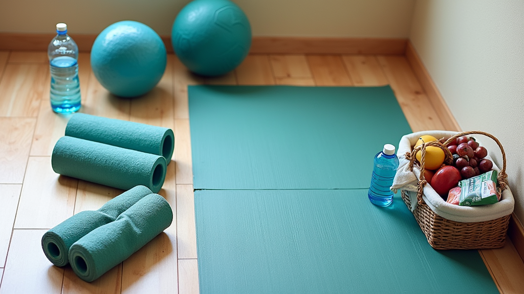 A relaxing recovery setup designed for soccer players, featuring foam rollers, water bottles, massage balls, a yoga mat, and a basket of fruit and snacks arranged on a clean floor.