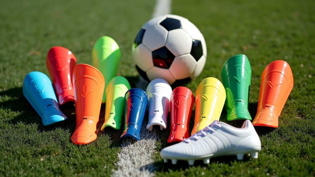A variety of colorful kids' soccer shin guards arranged on a grass field