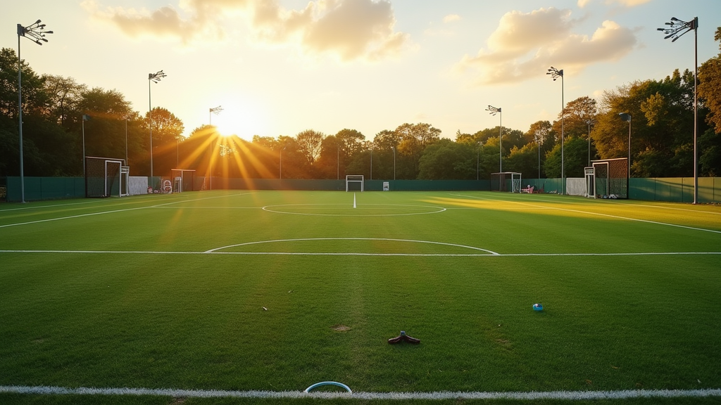Soccer field under sunset lighting, empty goalposts, green grass, and scattered equipment on the side.