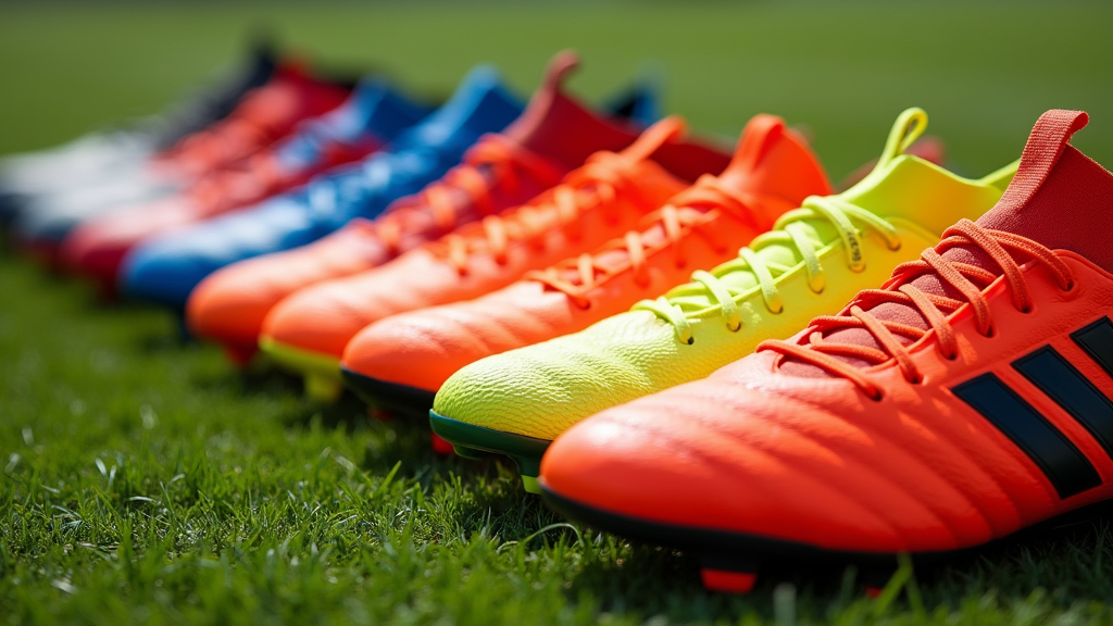 A range of soccer cleats lined up on a field, showing various designs and wider fits. 