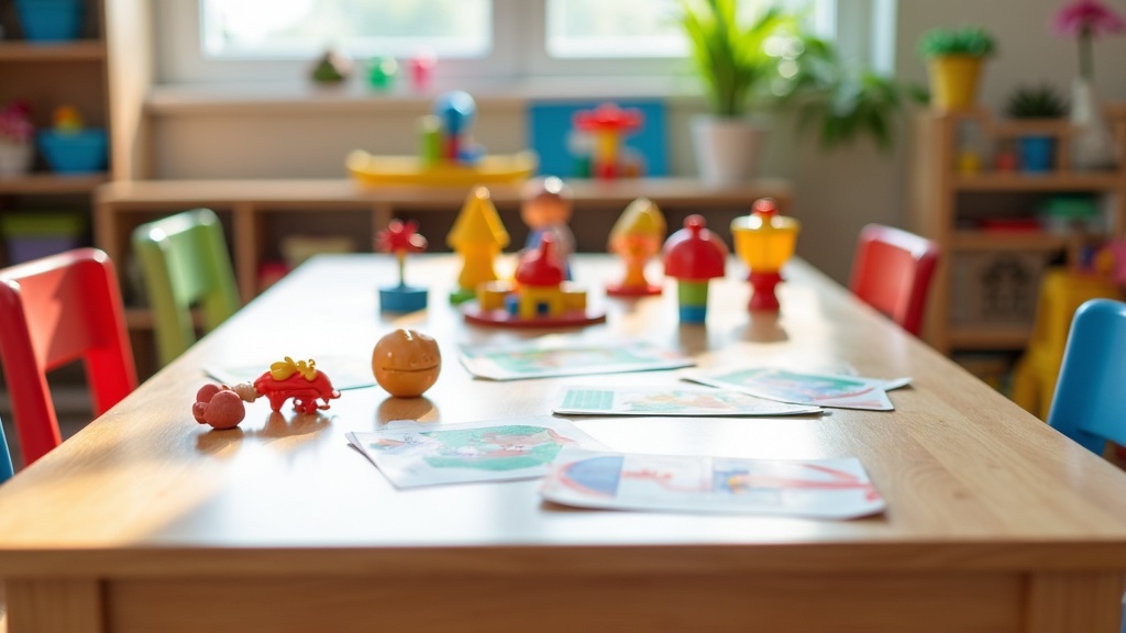 Children's toys and picture cards scattered across a play table with bright natural lighting, representing speech and language development tools.