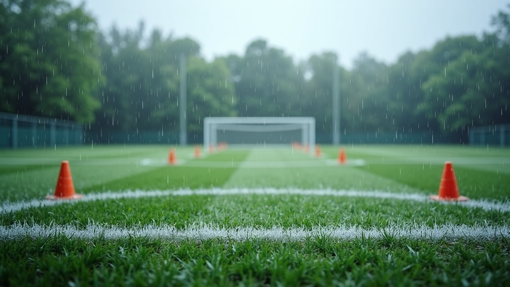 covered outdoor soccer field with raindrops and soccer cones