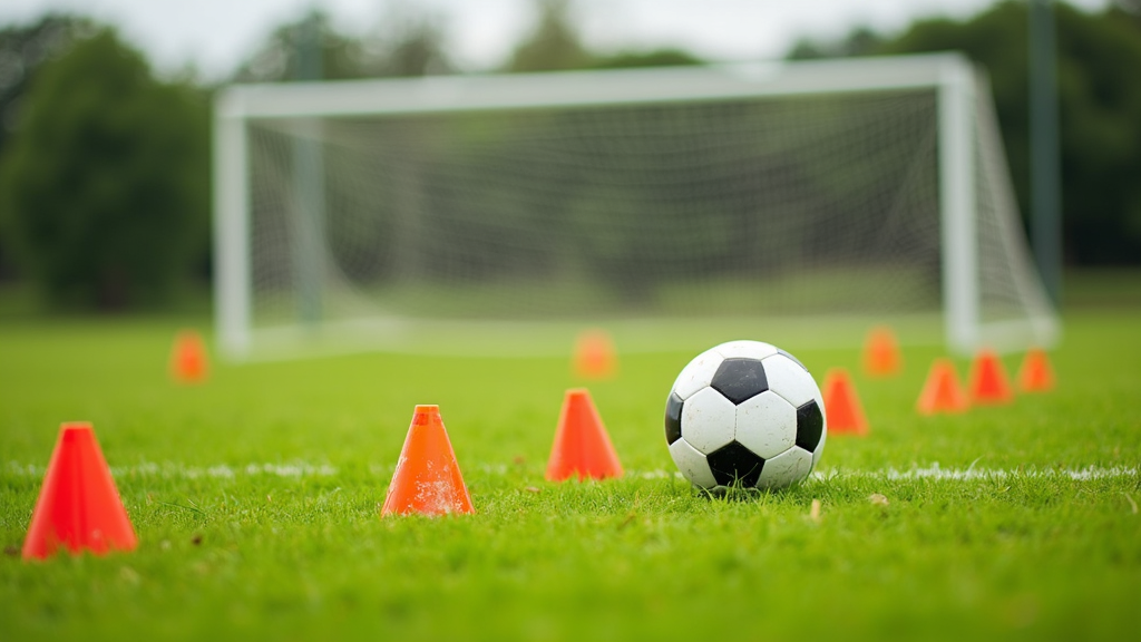 soccer field with ball, cones, and goal net