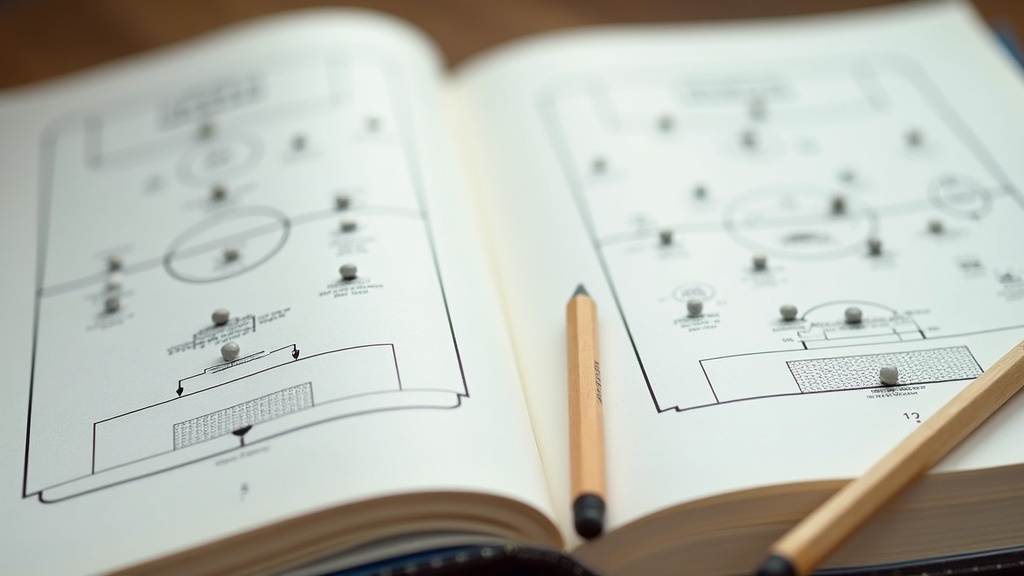 A close-up of open soccer coaching books with field diagrams and a pencil resting on the pages