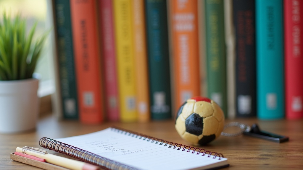 A colorful selection of soccer coaching books lined up on a table with a notepad and whistle nearby