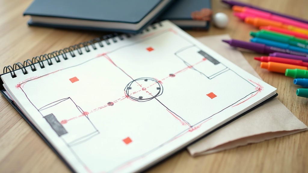 A notepad with soccer field diagrams, colorful markers, and several coaching books on a desk