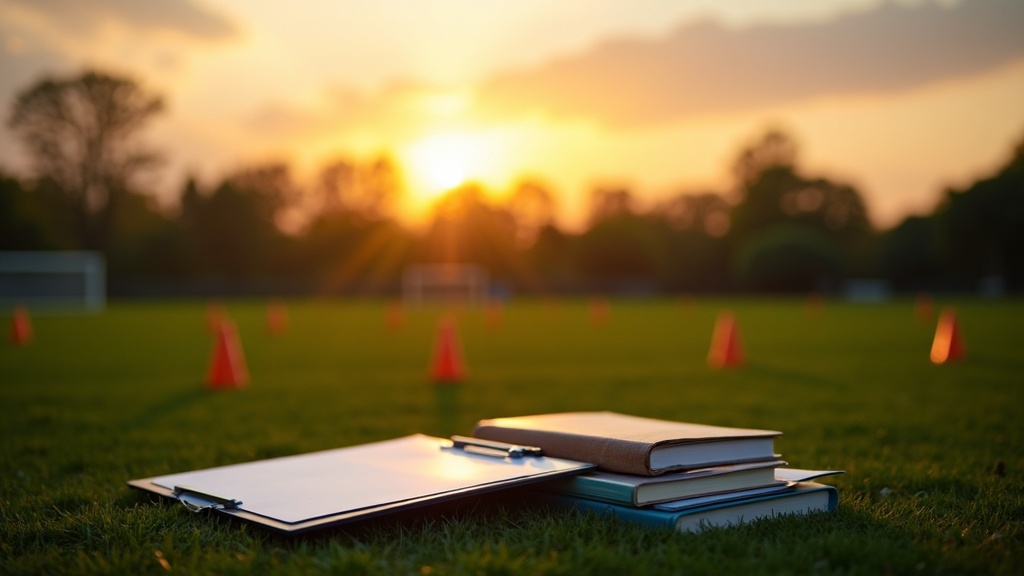 A soccer field at sunset with a clipboard, coaching books, and cones arranged by the touchline
