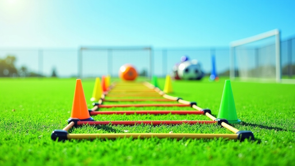 Soccer agility ladder set up on a bright green field with soccer balls and cones nearby under sunny skies.