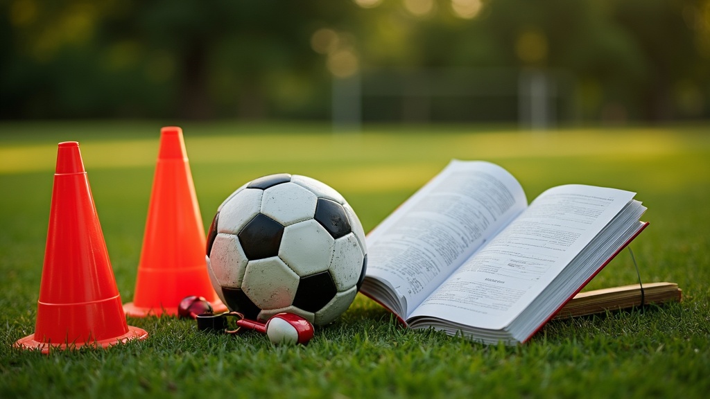 Soccer balls, cones, and a whistle on a grass field beside an open coaching book