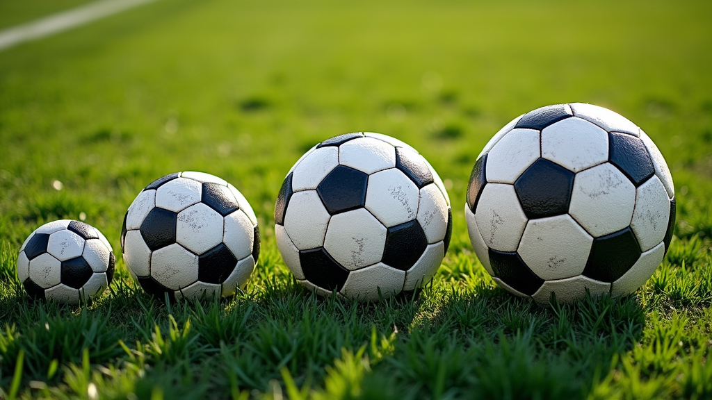 Soccer balls of various sizes placed in a row on a grassy field