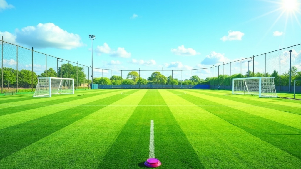 A vibrant soccer field with clear goals and colorful cones arranged for training, set under an open sky.