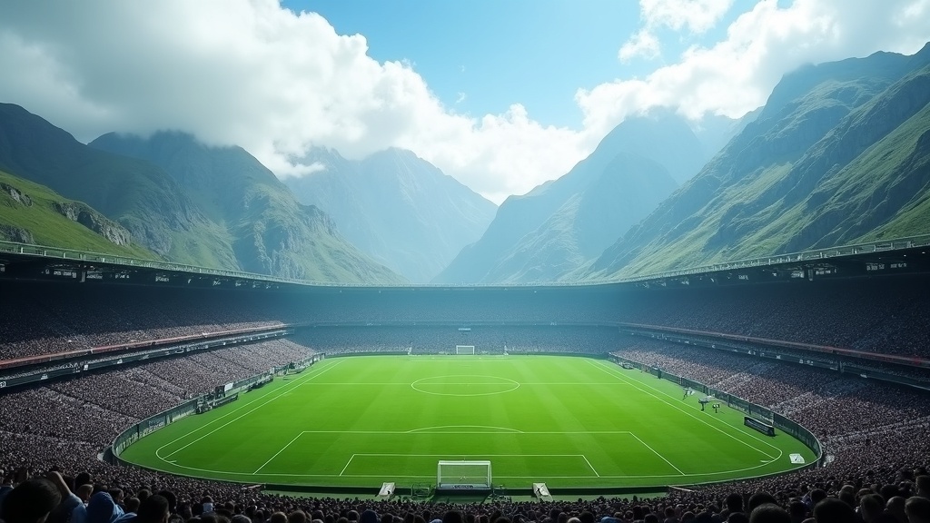 High-altitude soccer stadium and mountainous landscape