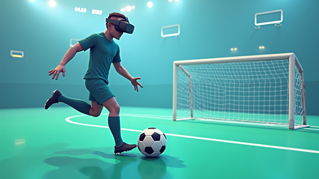 Illustration of a soccer ball, digital headset, and virtual soccer field