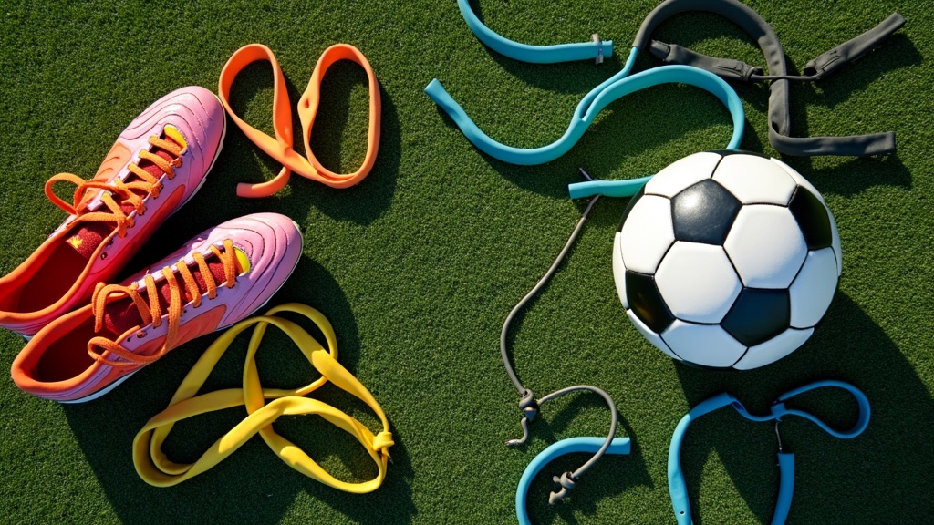 Resistance bands and soccer gear neatly arranged on a turf field