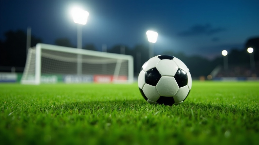 Soccer ball mid-flight, blurred background, green pitch, stadium lighting