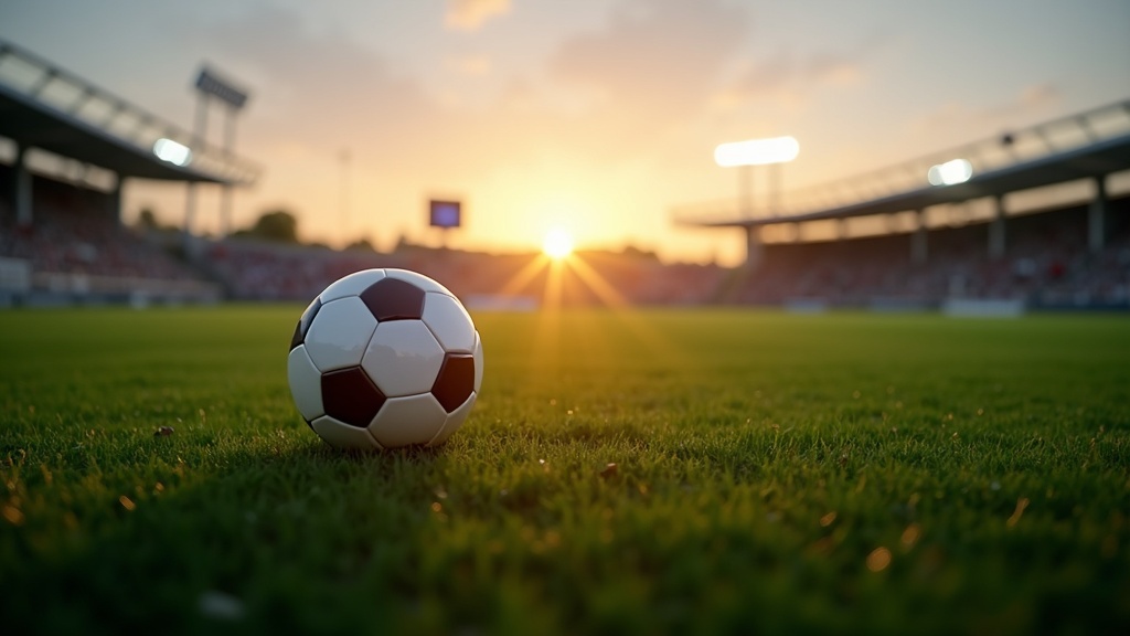 soccer field after sunset, soccer ball on grass