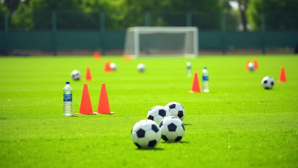 Soccer field with training cones, football, and other equipment