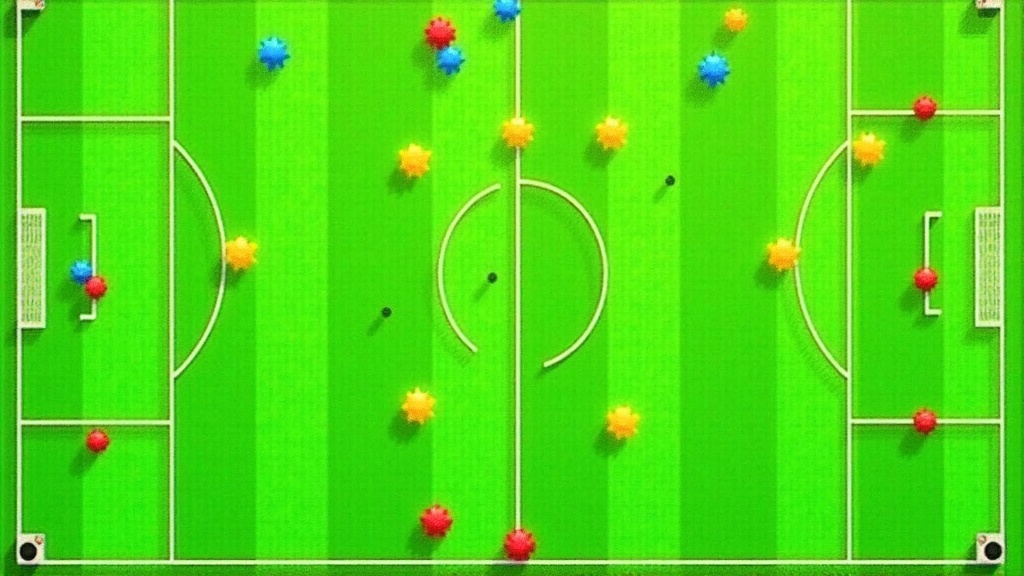 Soccer training cones and ball on green field during drill