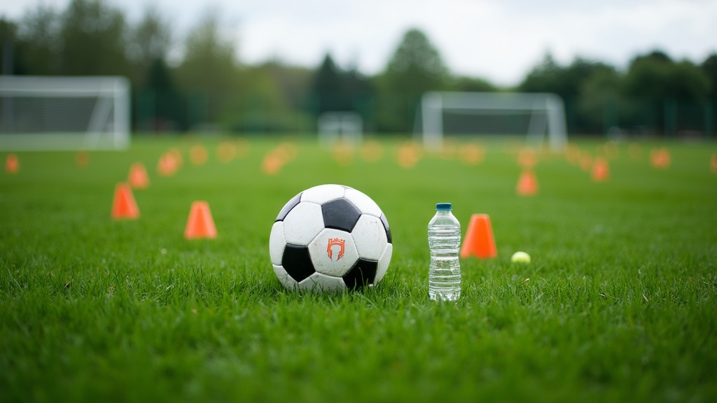 A closeup view of a soccer field with a ball resting on the natural green grass, surrounded by scattered cones and water bottles, on a cloudy afternoon.