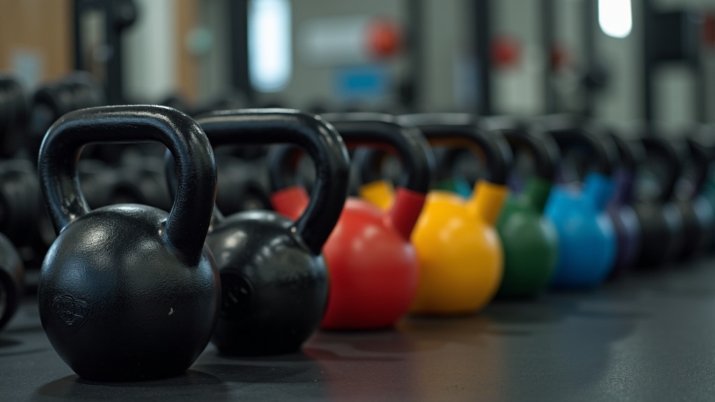 A neatly organized row of kettlebells, resistance bands, and free weights in a gym setting, symbolizing strength and conditioning equipment.