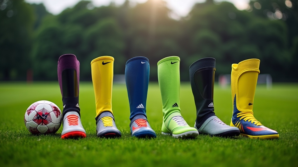 A selection of modern soccer shin guards lined up on a grass field.