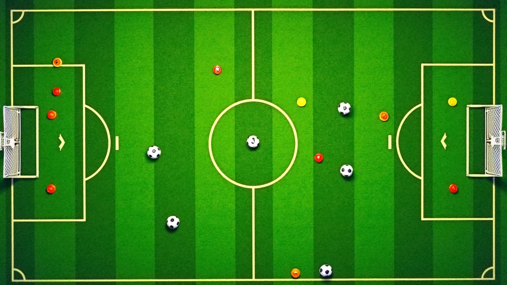 A top-down view of a soccer field with cones, soccer balls, and training equipment neatly arranged on the grass.