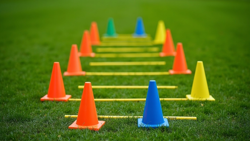 agility ladder, cones, and markers for footwork training
