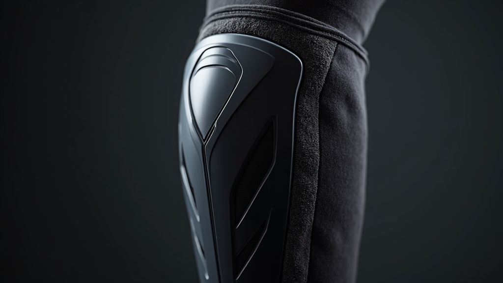 Close-up of an advanced soccer shin guard with removable ankle protection.