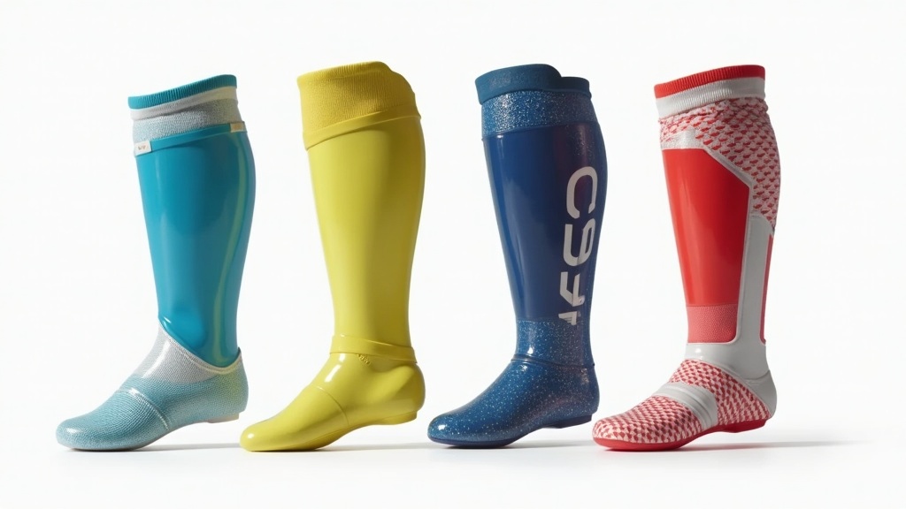 Display of four different shin guards in a row showing price tags from $10 to $50.