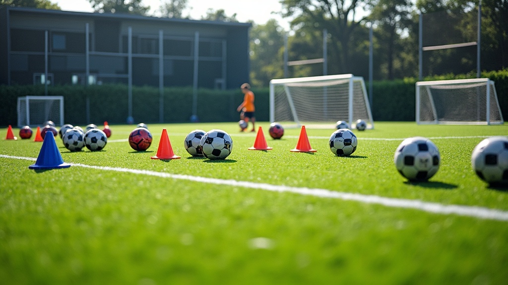 Soccer coaching field with training equipment and tactical boards