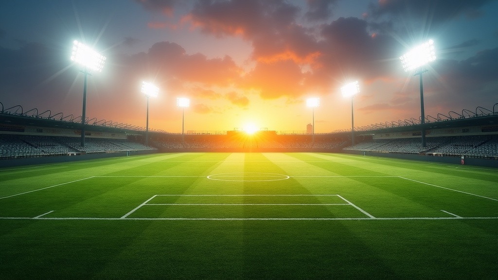 Soccer field and ball under stadium lights