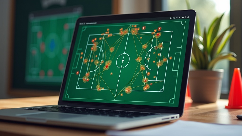 A laptop with soccer heatmaps and pass networks displayed in a bright team office