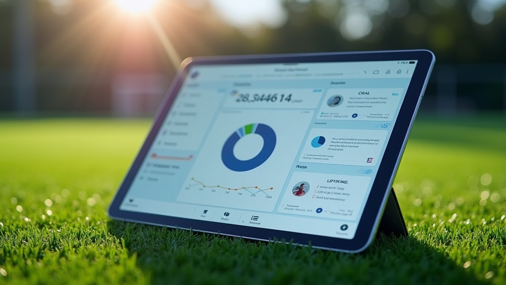 Soccer analytics dashboard on a digital tablet placed on a turf soccer field
