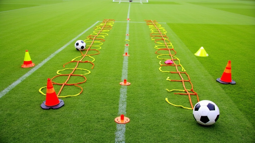 Soccer coaching tools laid out on a green field
