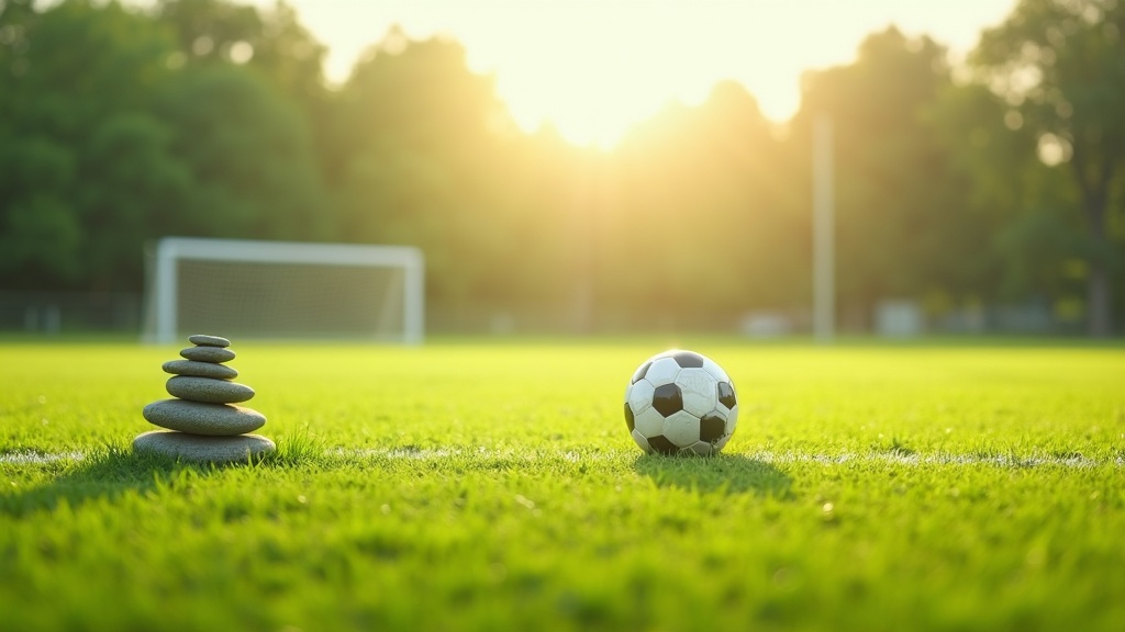 Soccer field with bright natural light, featuring a soccer ball placed near midfield on well-trimmed grass. Meditation stones rest nearby, with goalposts visible in the distance.