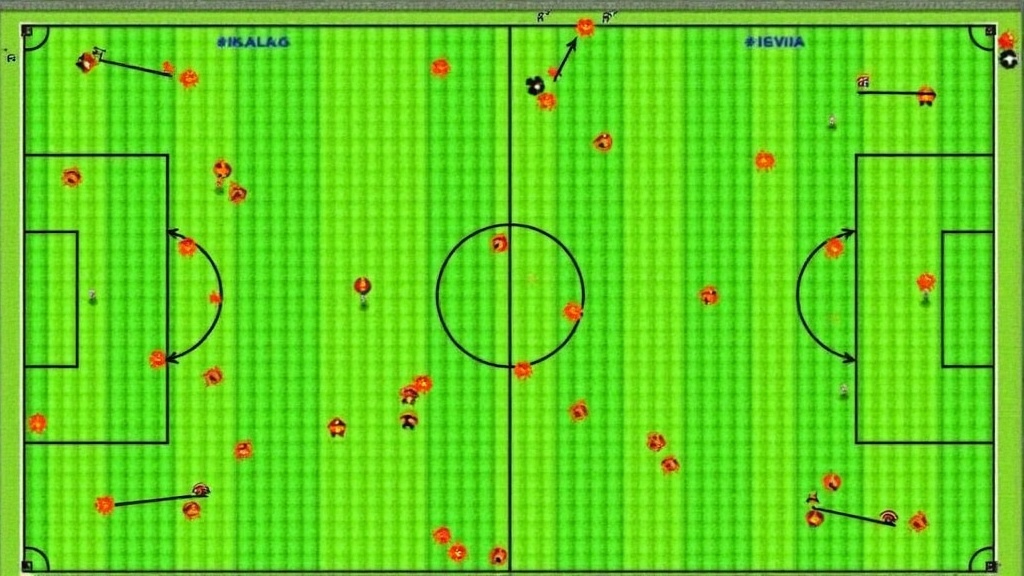 Football field with tactical cones, poles, and markers set up for a defensive shape drill