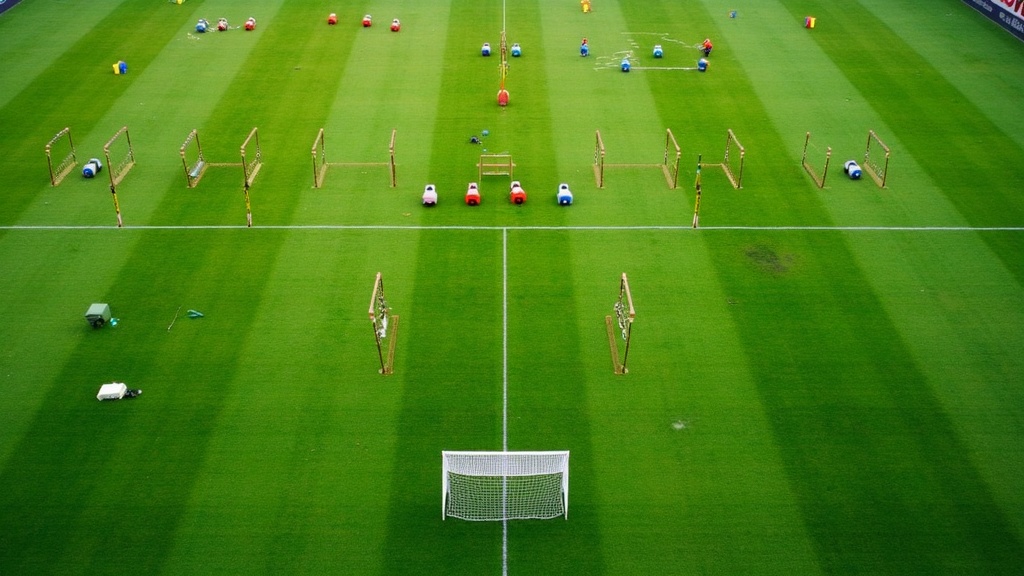 Lines of soccer cones on a pitch for youth soccer practice