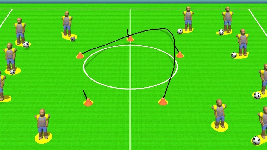 Soccer field with cones and balls set up for a team drill