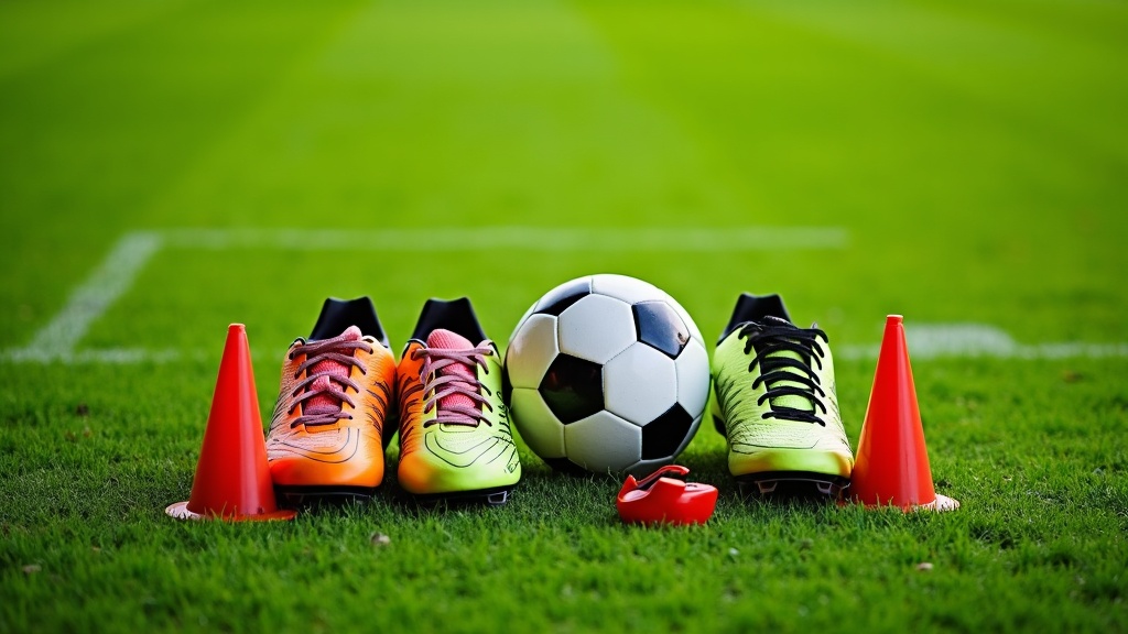 Soccer fitness concept with cleats, whistle, cones, and soccer ball on a grass field