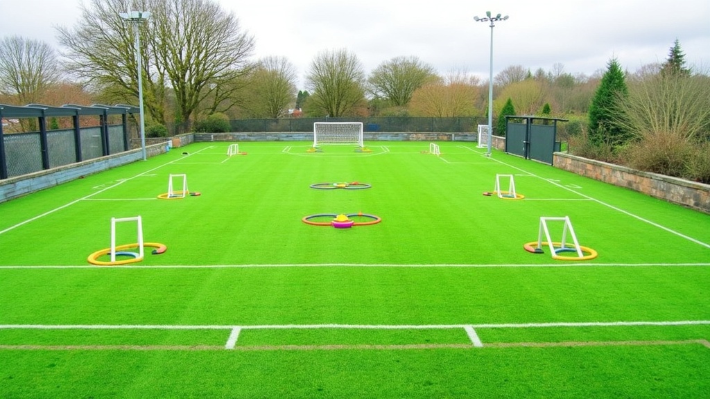 Soccer training cones, goalposts, and a field ready for youth practice