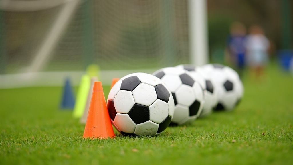 Soccer training equipment and cones on a green field