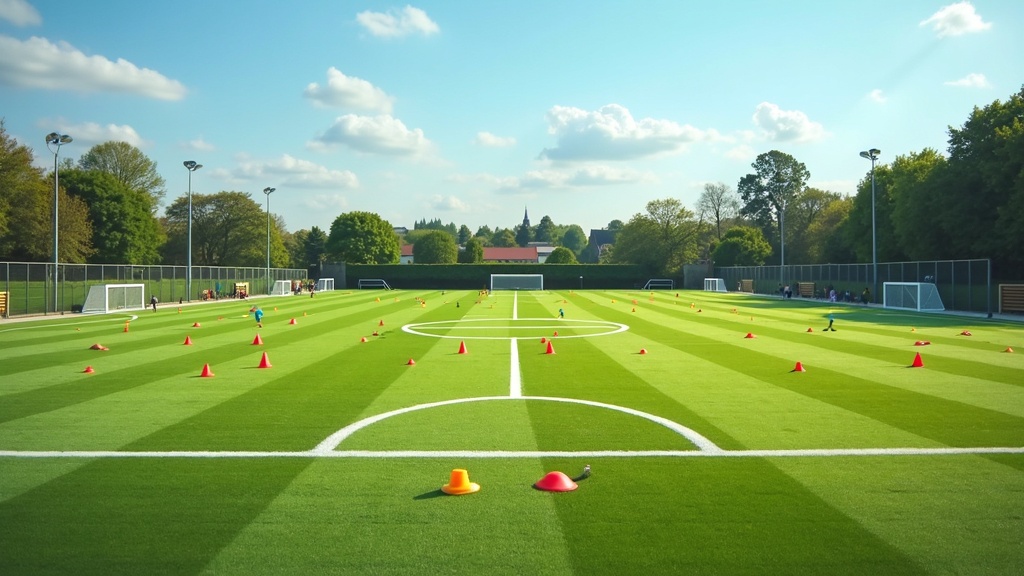 A soccer field marked out for youth practice with cones, training equipment, and a soccer ball resting near the center.