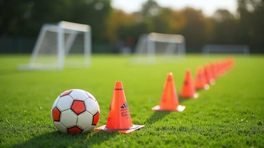 Soccer training cones and ball on grass